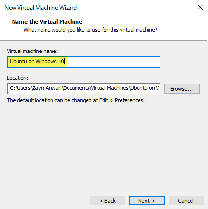 Select a name for virtual machine