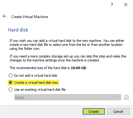 Create a virtual hard disk now