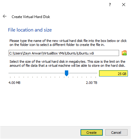 Select hard disk size