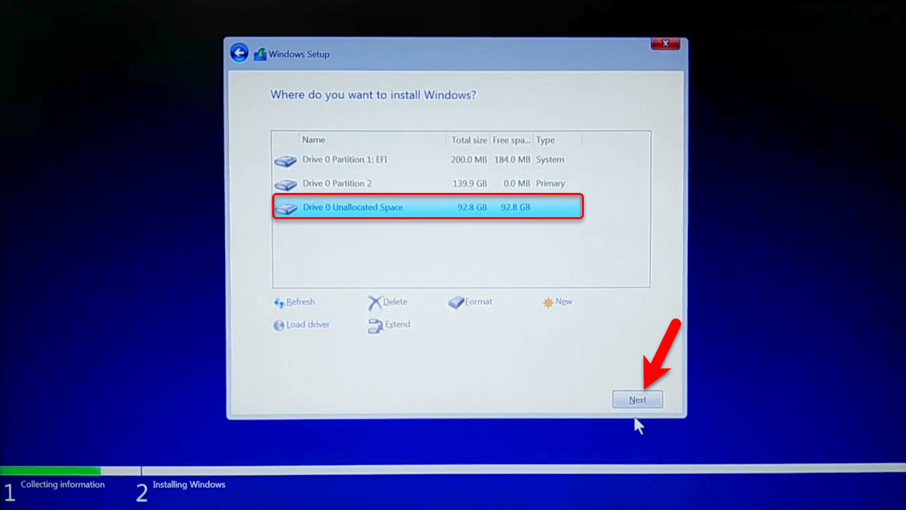 Select unallocated drive