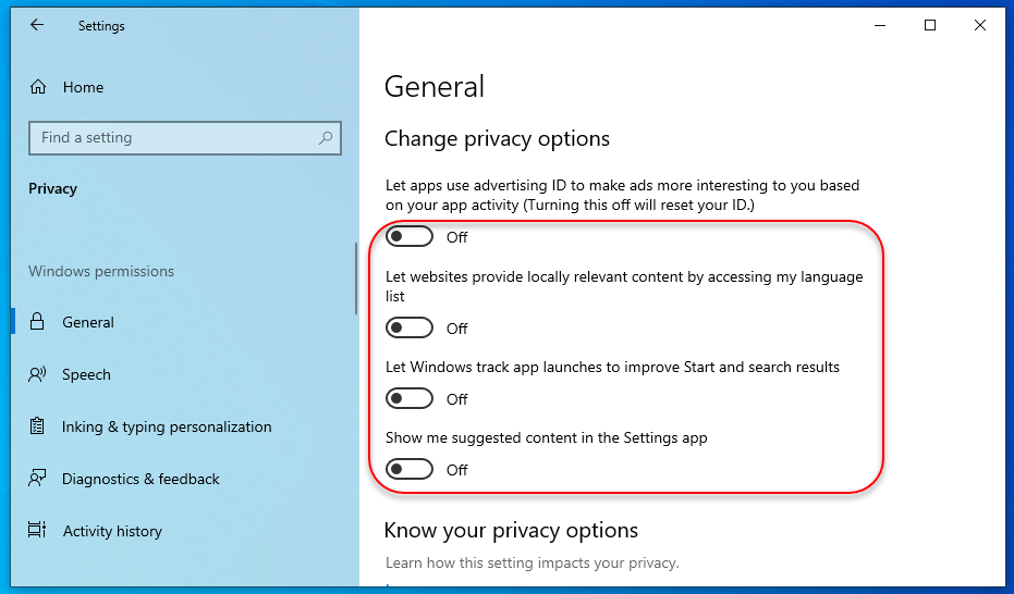 Disable Privacy options