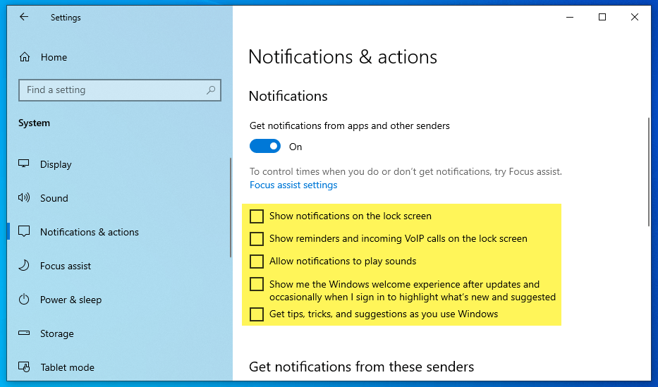 Disable Notifications & actions