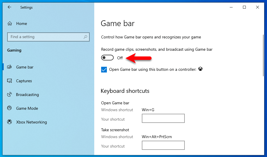 Disable Game Bar setting