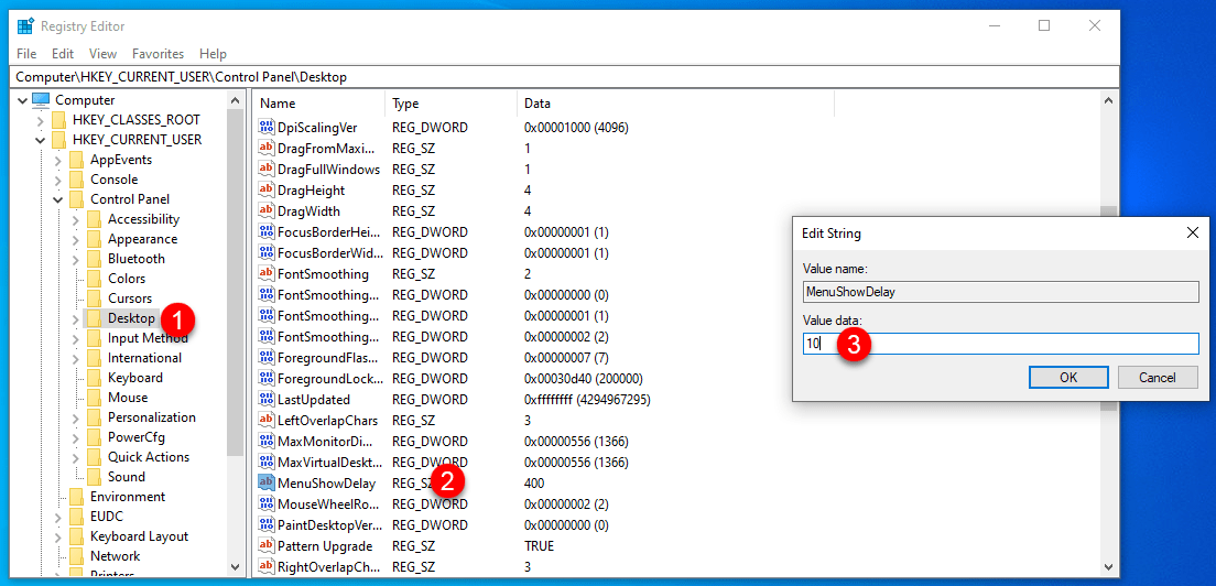 Menushowdelay windows 10 какое значение выставить