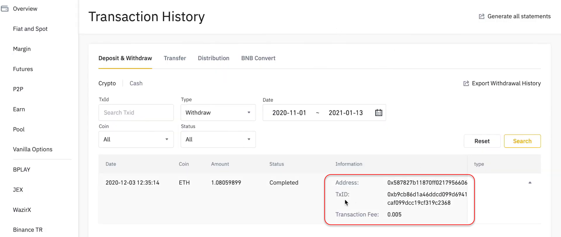 binance card transaction fee