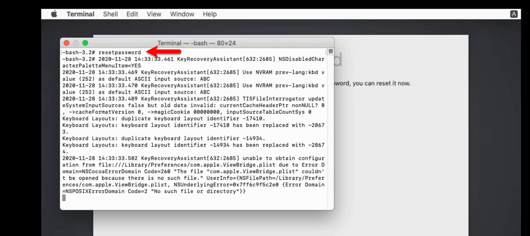 reset mac password terminal doesnt show
