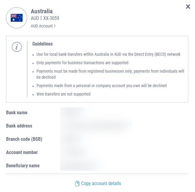 AUD bank details