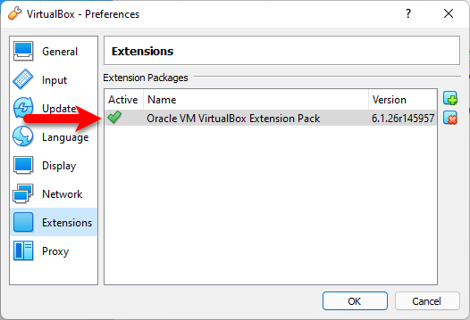VirtualBox extension pack installed