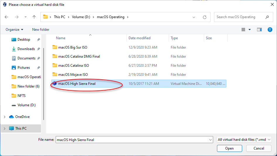 Select macOS High Sierra VMDK