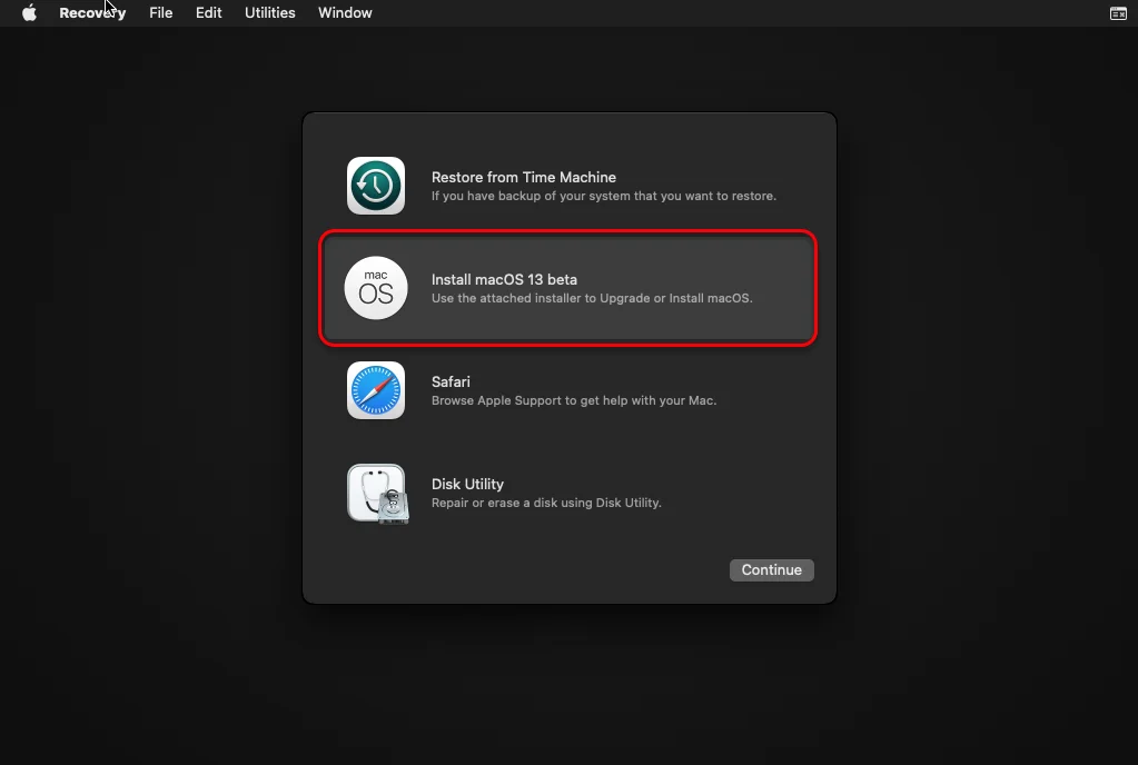 Install macOS 13 Beta